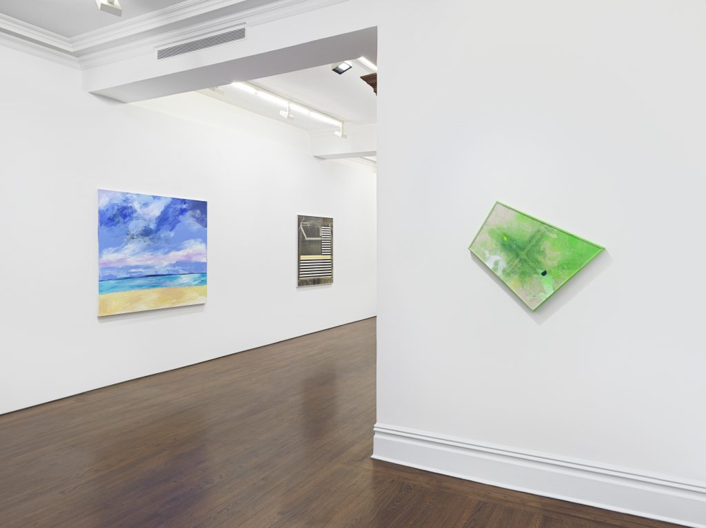 Installation view of "Sprüth Magers x Artadia: An Exhibition to Benefit the Next Generation of Artists," at Sprüth Magers New York, April 4–22, 2023. Pictured (L to R): Karen Kilimnik, <i>the beach and the sea</i> (2022); Rosemarie Trockel, <i>Pattern is a Teacher</i> (2019); and Lucy Dodd, <i>Shield 6</i> (2015). Photo: Genevieve Hanson, courtesy of Sprüth Magers.