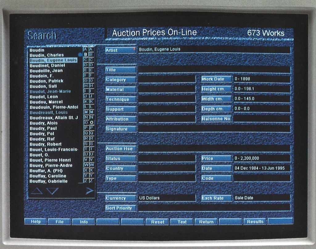 A view of the 1996 version of Artnet's Price Database. Courtesy of Artnet.