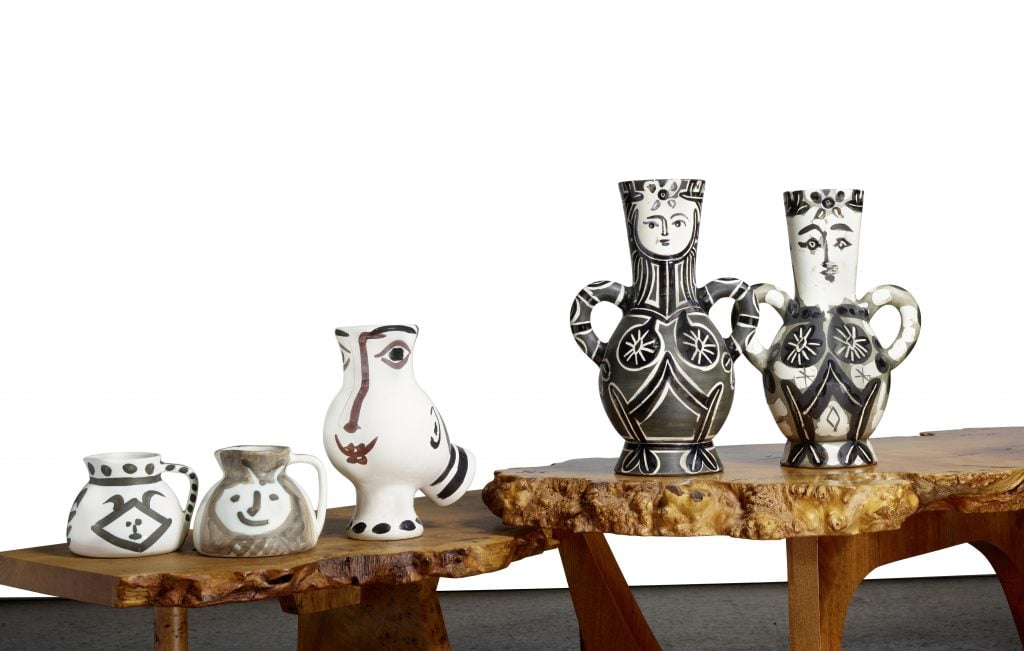 Picasso ceramics offered at Bonhams recent Los Angeles prints and multiples sale (March 28). Vase with Two High Handles (Alain Ramié 213), (1953), second from right, sold for $60,855. Image courtesy Bonhams.