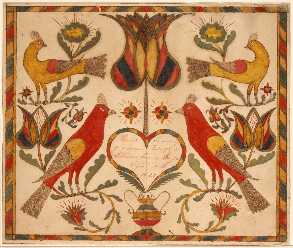 Attributed to Maria Laumennij, Horizontal panel of birds and tulips (1827). Collection of the Museum of Fine Arts, Boston.