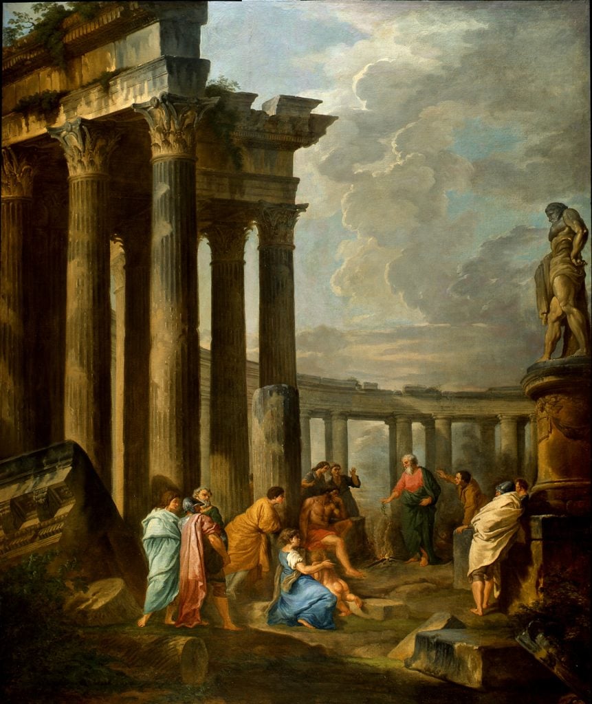 Attributed to Giovanni Paolo Panini, St. Paul shaking off the Viper in the Island of Malta, with the Temple of Saturn and St. Peter's Colonnade (ca. 1735). Courtesy of Sloane Street Auctions, London.