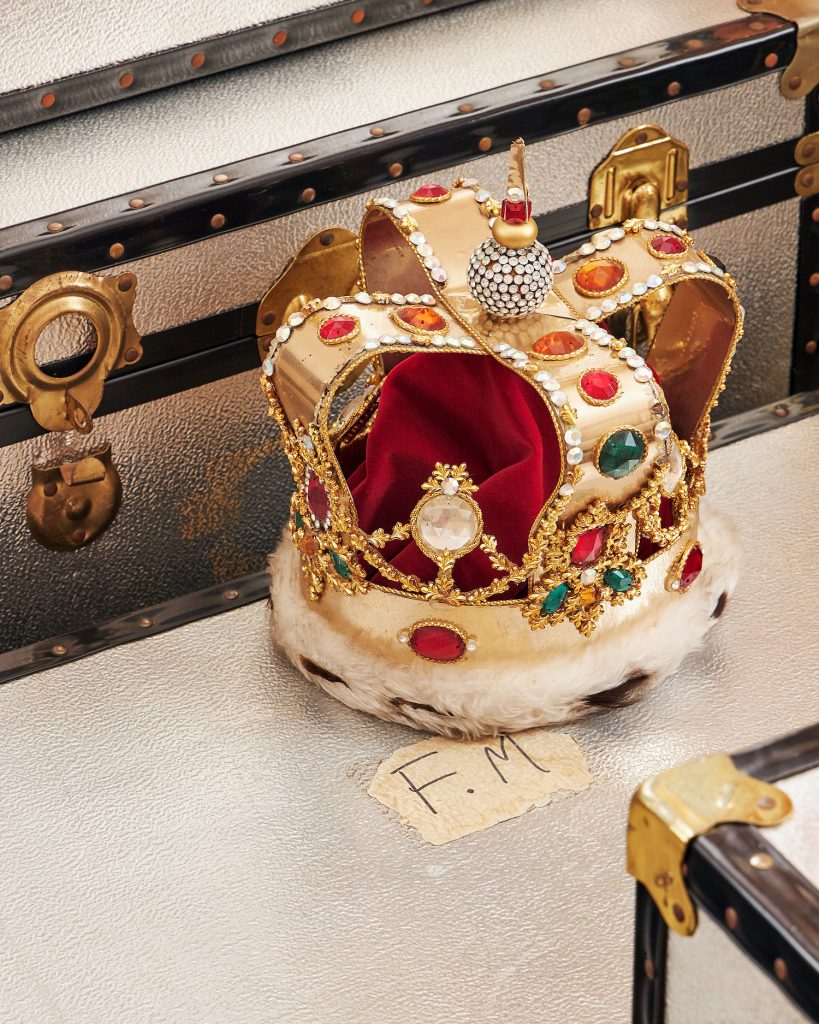 Freddie Mercury’s crown and accompanying cloak, in fake fur, red velvet and rhinestones, made by his costume designer Diana Moseley, and thought to be loosely modelled on the coronation crown of the United Kingdom. Image courtesy Sotheby's.