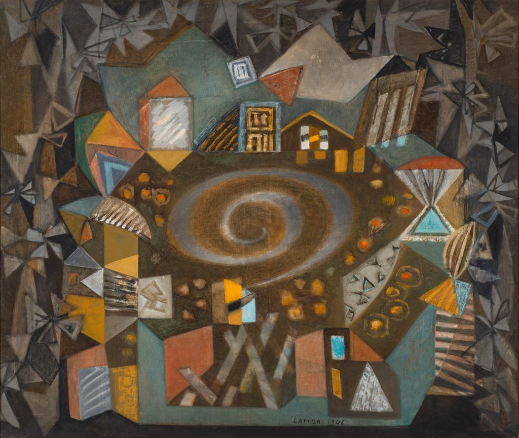 Jacqueline Lamba, Spirale et village (1946). Courtesy of Weinstein Gallery, San Francisco.