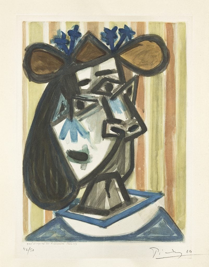 Pablo Picasso, Tête de Femme (Dora Maar), color aquatint, circa 1943. Sold at Swann in November 2022 for $25,000. Image courtesy Swann Galleries.