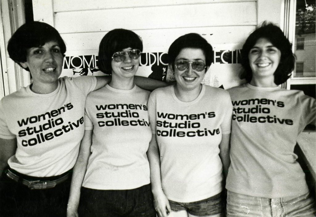 Hauser & Wirth Institute awarded $180,000 to the Women’s Studio Workshop to fund WSW’s first archivist position, an example of investing in community archives to support themselves. Pictured: Women’s Studio Workshop co-founders, Barbara Leoff Burge, Ann Kalmbach, Tatana Kellner, and Anita Wetzel, 1975. Courtesy Women’s Studio Workshop.