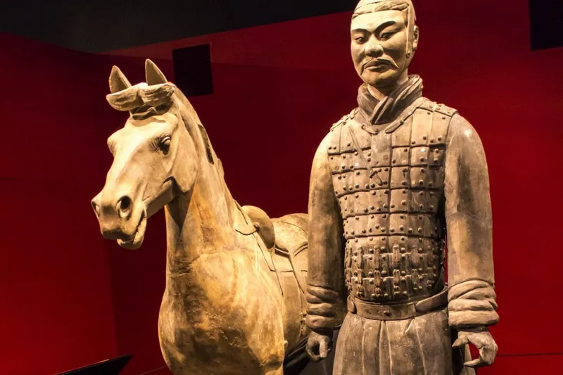Installation view of The Cavalryman in "Terracotta Warriors of the First Emperor" at the Franklin Institute, Philadelphia. Michael Rohana broke off and stole the thumb of the ancient artwork during an after-hours event at the museum in 2017. Photo courtesy of the Franklin Institute, Philadelphia.