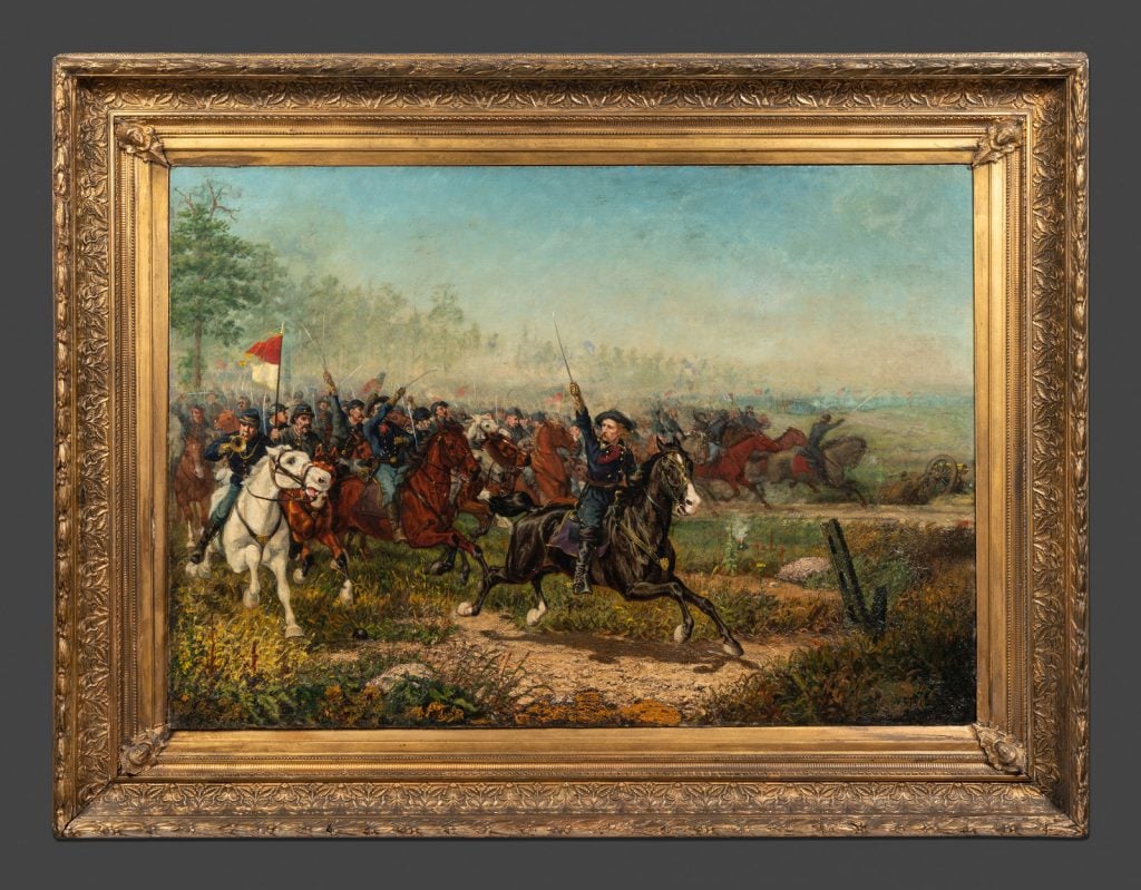 William B.T. Trego, The Charge of Custer at Winchester (1879). This painting launched the artist's career with a prize at the Michigan State Fair, but its whereabouts were unknown for more than a century—until it turned up at auction, being sold by the Bloomington Library in Illinois. Photo courtesy of Hindman, Chicago.