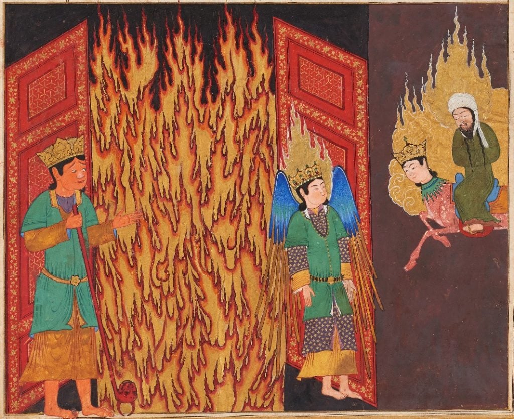 <em>The Prophet Muhammad at the Gates of Hell</em> from a manuscript copy of al-Sara’i’s <em>Nahj al-Faradis</em> or <em>Paths of Paradise</em> (ca. 1465). Collection of the David Collection, Copenhagen.