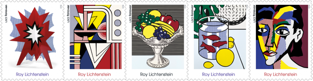 Roy Lichtenstein's stamps for the U.S. Postal Service, designed by USPS art director Derry Noyes, feature the 1965 sculpture <em>Standing Explosion (Red)</em> from the Crystal Bridges Museum of American Art in Bentonville, Arkansas; the 1966 canvas <em>Modern Painting I</em> from the Frederick R. Weisman Art Foundation in Los Angeles; the 1972 painting <em>Still Life With Crystal Bowl</em> from the Whitney Museum of American Art in New York; and two paintings from private collections, <em>Still Life With Goldfish</em> (1972) and <em>Portrait of a Woman</eM> (1979). Courtesy of the USPS. 