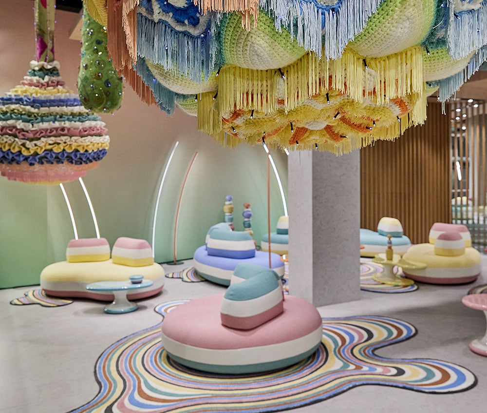 Joana Vasconcelos's pastel-toned BomBom outdoor collection for Roche Boboi, and her hanging <em>Valkyries</em> sculpture. Courtesy of Roche Boboi.