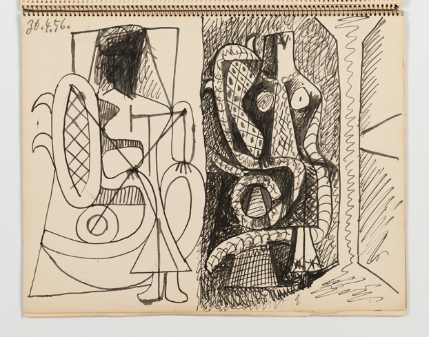 Pablo Picasso, <i>Woman seated in an armchair (two variations)</i> from "Carnet 1046," Cannes, 17 March-28 June 1956 @ FABA Photo: Marc Domage / 2023 Estate of Pablo Picasso-ARS. 