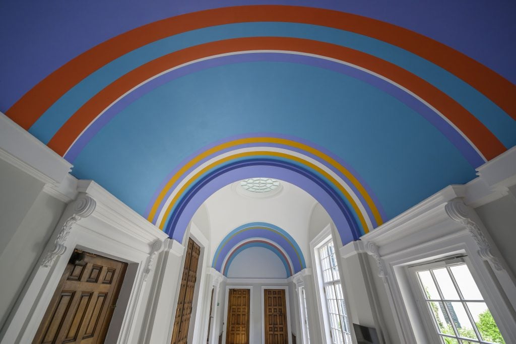 A general view shows the ceiling painting by Bridget Riley, on May 3, 2023 at the British School at Rome in Rome, Italy. Photo by Antonio Masiello/Getty Images.