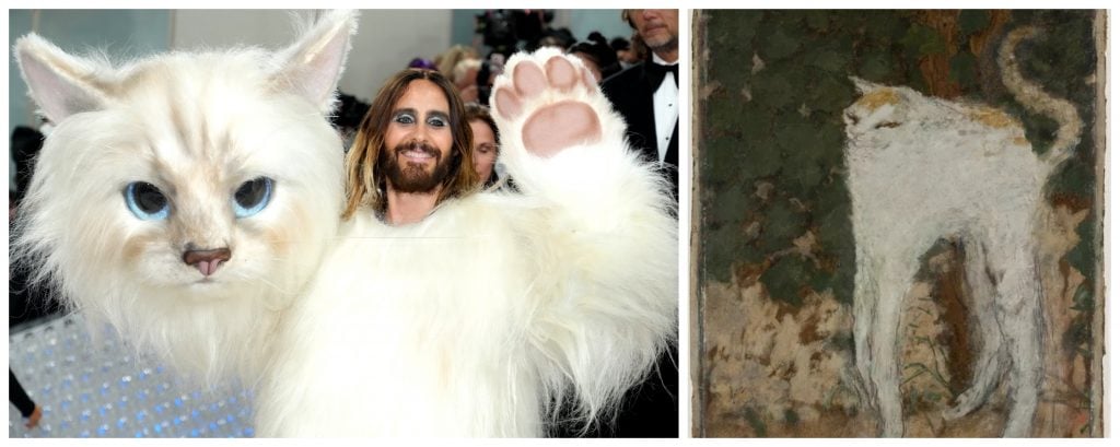  Left: Jared Leto, dressed as Choupette, attends the 2023 Met Gala Celebrating "Karl Lagerfeld: A Line Of Beauty" at Metropolitan Museum of Art. Photo by Jeff Kravitz/FilmMagic. Right: Pierre Bonnard, The White Cat (1894). Collection of the Musee d’Orsay. 
