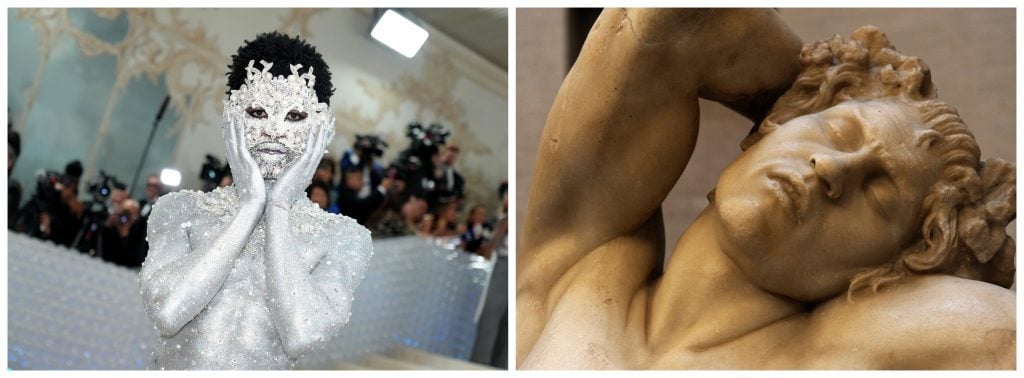 Left: Lil Nas X attends the 2023 Met Gala Celebrating "Karl Lagerfeld: A Line Of Beauty" at Metropolitan Museum of Art. Photo by Jeff Kravitz/FilmMagic. Right: Barberini Faun, a sleeping satyr (circa 220 B.C.E.) Collection of the Glyptothek, Munich. Photo by: PHAS/Universal Images Group via Getty Images. 
