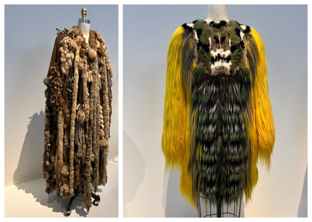 Fendi Coat, autumn/winter 1993-94 Brown and gray dyed and screen-printed weasel, sable, mink, miniver, and beaver furs, leather, wool boucle, and net (L) and Coat, autumn/winter 2012-13 Polychrome dyed mink, fox, and Fendi Kidassia goat furs and wool net. Photos: Angela Kelley. 