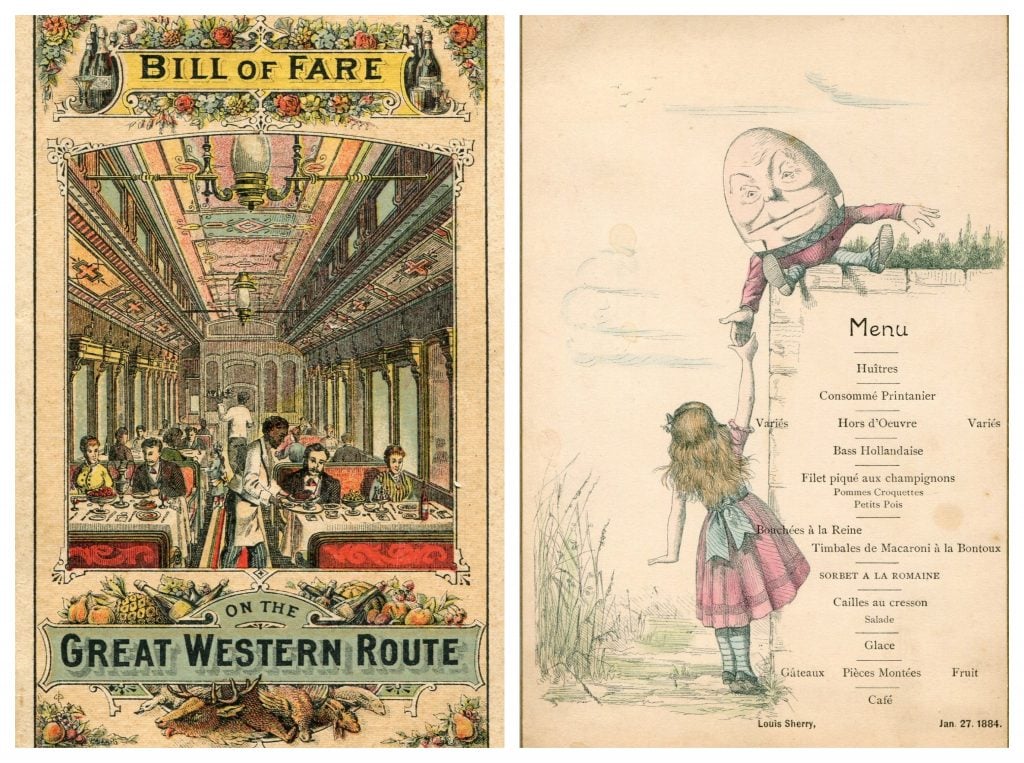 Great Western Railway, Niagara Falls Route (L, ca. 1881). This was the Canadian bridge line between the New York Central and Michigan Central Railroads. The fixed price breakfast is 75 cents. The beverage list offers over three dozen Champagnes, clarets, and ales. Louis Sherry (R, New York City, 1884.) This fine, gilt-edge menu card comes from a social event catered by Louis Sherry (1855–1926) a few months after he opened his confectionery and catering business, serving the highest levels of New York society. Backed by wealthy patrons, Sherry opened his first restaurant in a refurbished mansion on Fifth Avenue and 37th Street in 1889. Nine years later, he relocated to a Stanford White- designed building on Fifth Avenue and 44th Street, across from rival Delmonico’s newest uptown location. Henry Voigt Collection of American Menus.