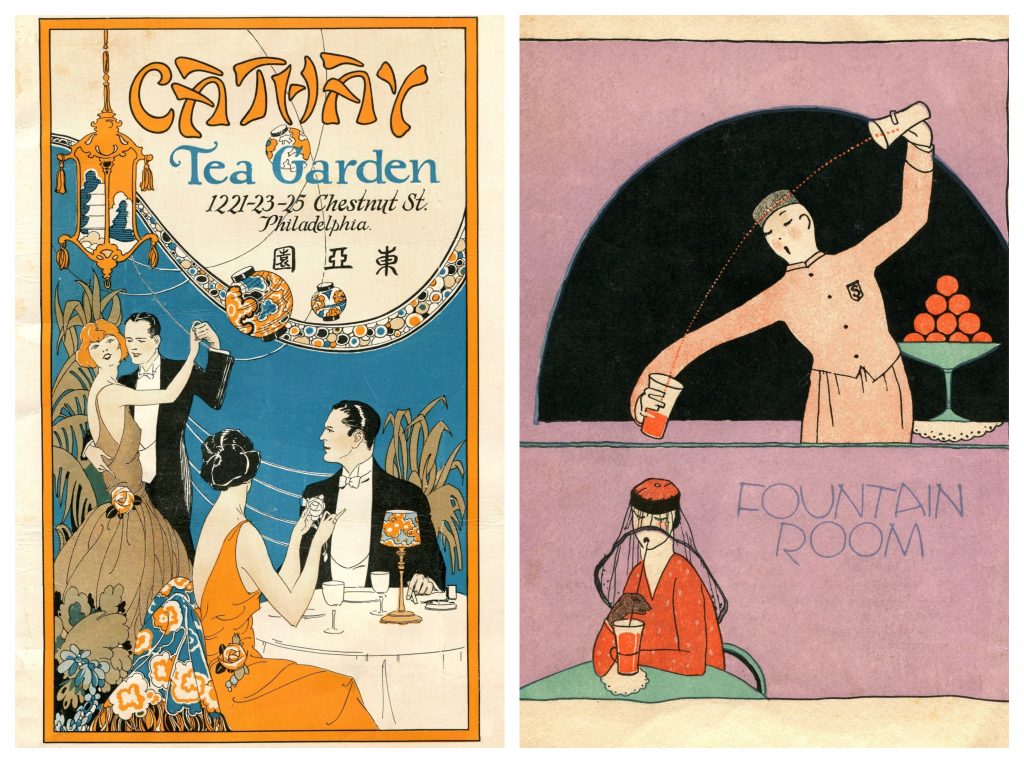 The Cathay Tea Garden (Philadelphia, 1926) had a large dance floor and hosted a regular radio program. This menu follows the standard format of the era, with four pages equally divided between “American dishes” and “Chinese dishes.” After more than 50 years, the Cathay Tea Garden closed in 1973. Hotel Pennsylvania, Fountain Room (R, New York City, 1924) McKim, Mead & White designed the original Pennsylvania Station and later the Hotel Pennsylvania across Seventh Avenue. The hotel was the largest in the world when it opened on January 25, 1919, a few days before the 18th Amendment was certified. When Prohibition went into effect, some hotel bars were turned into soda fountains. Henry Voigt Collection of American Menus.
