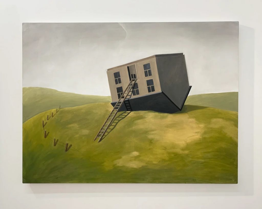 Cate Pasquarelli, <em>House with Ladder</em> (2020). Curated by Sara Driver, this painting is for sale for $4,500 at the Spring/Break "Secret Show." Courtesy of the artist. 