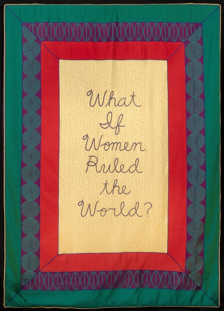 Judy Chicago, <em></noscript>What if Women Ruled the World?</em> from “The Female Divine” (2020).  ©Judy Chicago/Artists Rights Society (ARS).  Jordan Schnitzer Family Foundation.” width=”736″ height=”1024″ srcset=”https://news.artnet.com/app/news-upload/2023/05/Chicago-15-736×1024.jpg 736w, https://news.artnet.com/app/news-upload/2023/05/Chicago-15-216×300.jpg 216w, https://news.artnet.com/app/news-upload/2023/05/Chicago-15-1105×1536.jpg 1105w, https://news.artnet.com/app/news-upload/2023/05/Chicago-15-1473×2048.jpg 1473w, https://news.artnet.com/app/news-upload/2023/05/Chicago-15-36×50.jpg 36w, https://news.artnet.com/app/news-upload/2023/05/Chicago-15-1381×1920.jpg 1381w, https://news.artnet.com/app/news-upload/2023/05/Chicago-15-scaled.jpg 1841w” sizes=”(max-width: 736px) 100vw, 736px”/></p>
<p id=