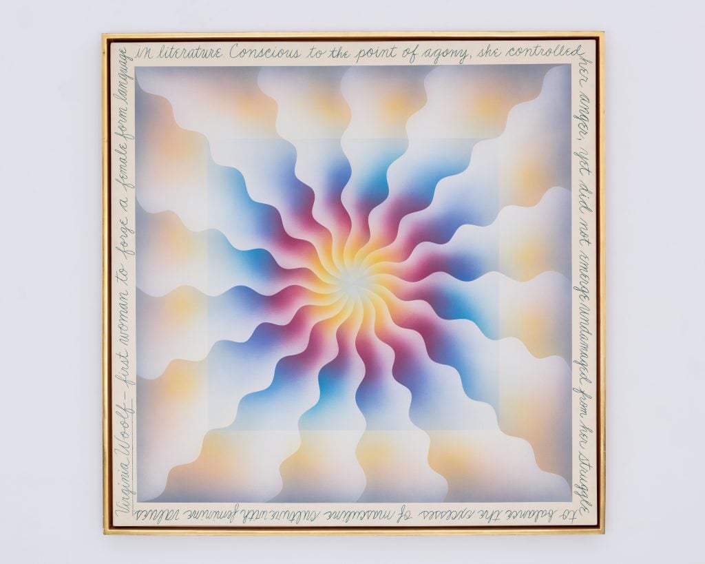 Judy Chicago, <em></noscript>Virginia Woolf</em> from "The Reincarnation Triptych" (1973).  ©Judy Chicago/Artists Rights Society (ARS), New York.  Collection of Kirsten Grimstad and Diana Gould.” width=”1024″ height=”819″ srcset=”https://news.artnet.com/app/news-upload/2023/05/Chicago-9-1024×819.jpg 1024w, https://news.artnet.com/app/news-upload/2023/05/Chicago-9-300×240.jpg 300w, https://news.artnet.com/app/news-upload/2023/05/Chicago-9-1536×1229.jpg 1536w, https://news.artnet.com/app/news-upload/2023/05/Chicago-9-2048×1638.jpg 2048w, https://news.artnet.com/app/news-upload/2023/05/Chicago-9-50×40.jpg 50w, https://news.artnet.com/app/news-upload/2023/05/Chicago-9-1920×1536.jpg 1920w” sizes=”(max-width: 1024px) 100vw, 1024px”/></p>
<p id=