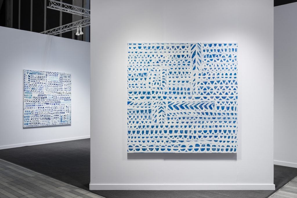 Installation view of paintings by Pam Glick at Stephen Friedman Gallery, Frieze New York, May 2023. Image courtesy Stephen Friedman Gallery.