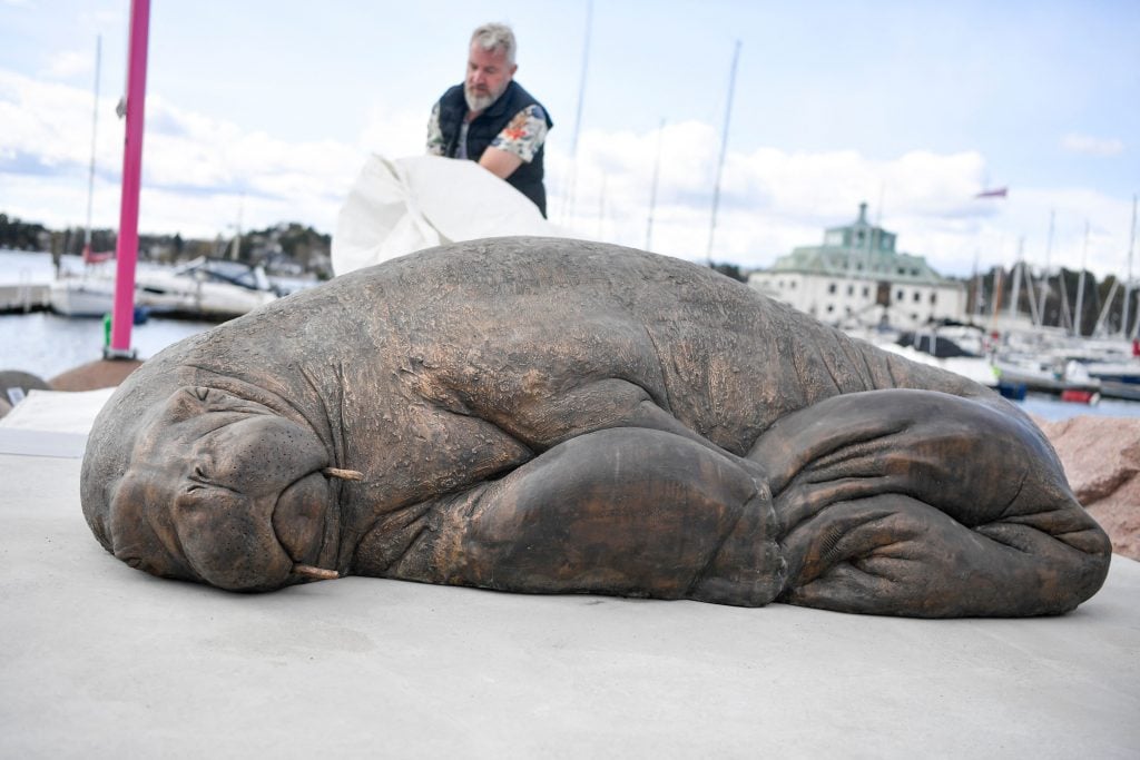 A bronze sculpture created by artist Astri Tonoian in memory of Freya the walrus unveiled in Oslo, Norway. - Freya gained global attention in the summer of the year 2022 after playfully basking in the Oslo fjord until officials euthanised her. Photo: Annika Byrde/NTB/AFP via Getty Images.
