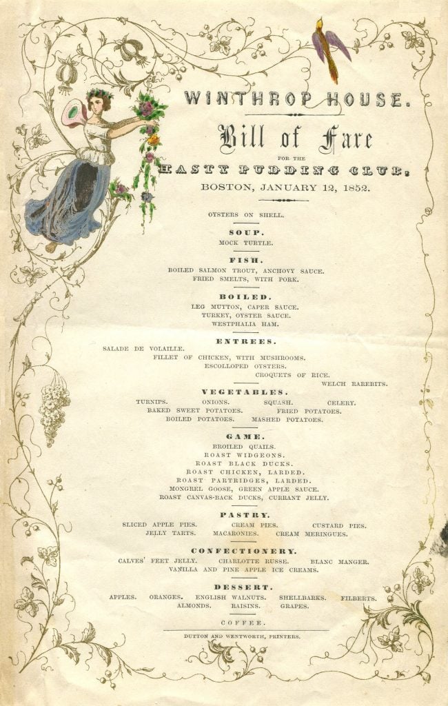 Winthrop House (Hasty Pudding Club, Boston, 1852) The cuisine at the finer American hotels might be described as “Frenchified English cooking” (as one British visitor put it) with an emphasis on wild game. The focal point of this dinner was provided by the seven varieties of game birds listed in a pyramid shape at the center of the menu. Henry Voigt Collection of American Menus.