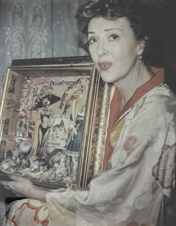 Unknown Photographer, Gypsy Rose Lee with artwork likely to be the one included in the original ‘Exhibition by 31 Women’ in 1943. Photograph printed from original 35 mm negative. Photo Credit: The 31 Women Collection.