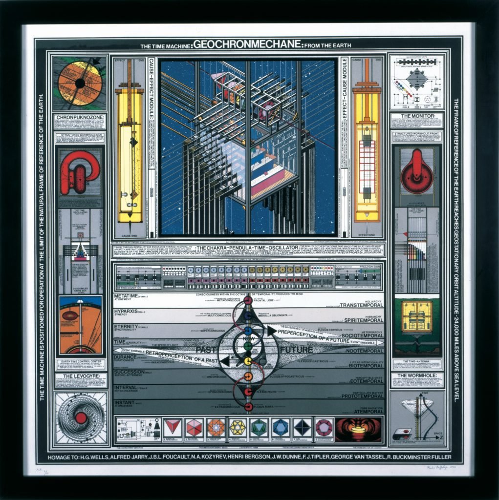 Paul Laffoley, Geochronmechane: The Time Machine from the Earth (1990). © The Estate of Paul Laffoley, courtesy of Kent Fine Art, featured in "Schema: World as Diagram" at Marlborough New York.