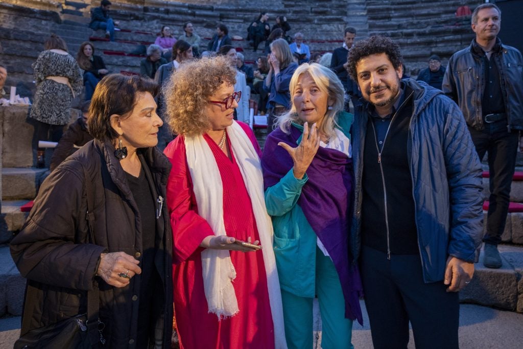 Gallerist Lia Rumma, curator Carolyn Christov-Bakargiev, collector Nicoletta Fiorucci, and artist Wael Shawky on-site in Pompeii. Photo: Hili Perlson