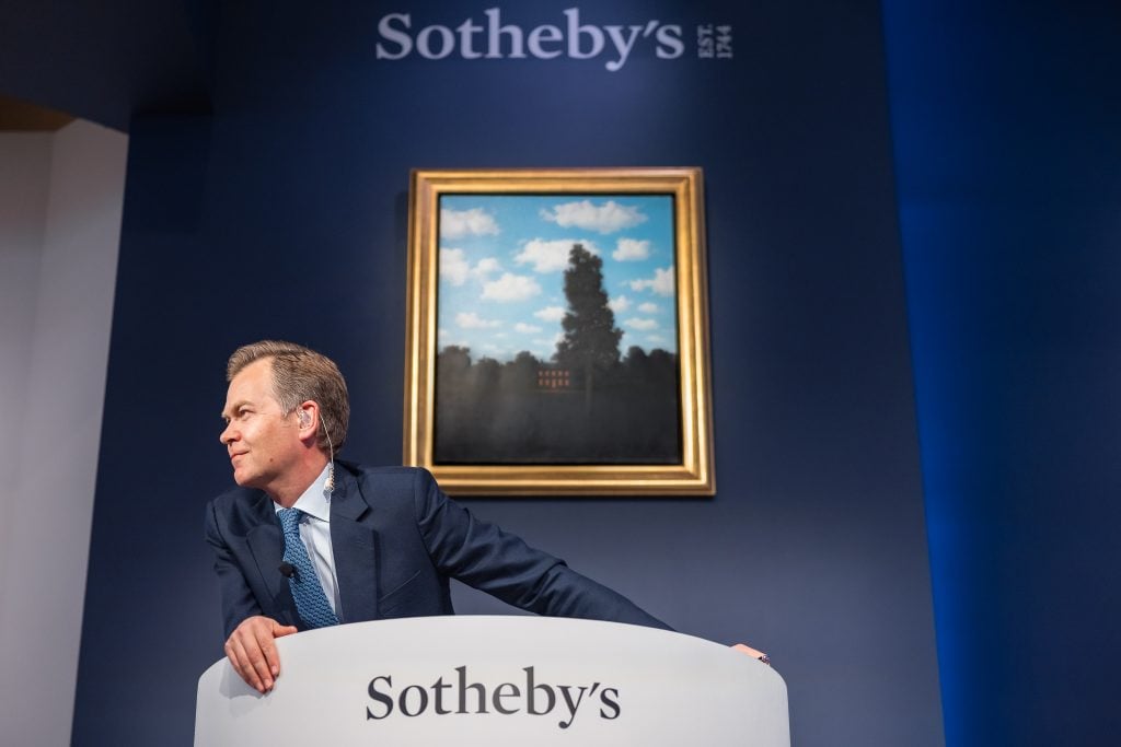 Auctioneer Oliver Barker coaxing bids from the rostrum at Sotheby's on May 16. Courtesy of Sotheby's/