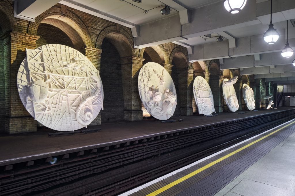 Monster Chetwynd, "Pond Life: Albertopolis and the Lily" (2023). Gloucester Road Station. Commissioned by Art on the Underground. Photo by GG Archard.