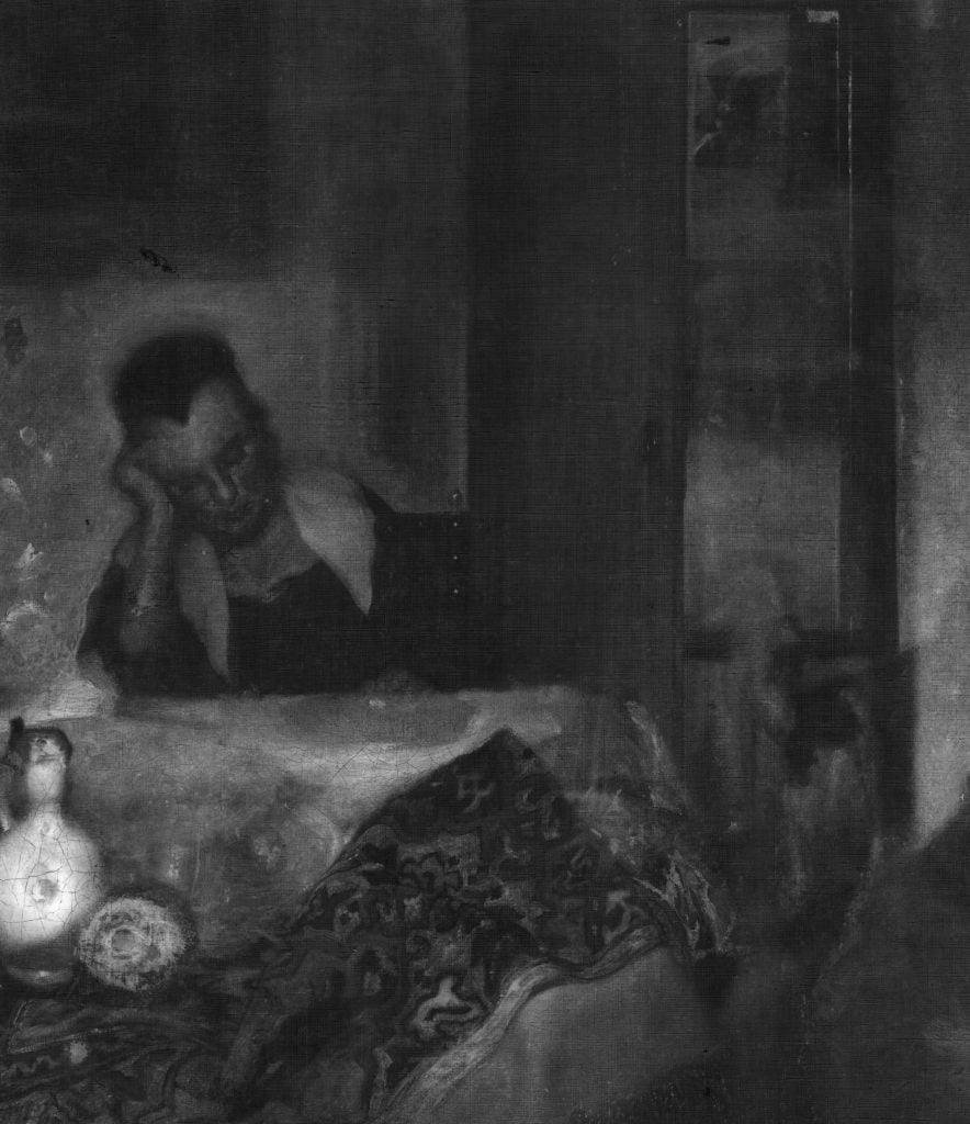 X-ray of Johannes Vermeer's <em>A Maid Asleep</em> (ca. 1656–57), in which a hidden figure of a man can be seen in the doorway. Collection of the Metropolitan Museum of Art, New York.