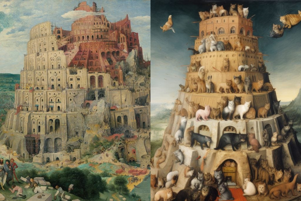 Left: Pieter Bruegel the Elder, Tower of Babel (ca.1563). Collection of the Kunsthistorisches Museum, Vienna. Right: A.I. picture generated on Midjourney by Vienna Tourist Board. Photos: © Kunsthistorisches Museum and Vienna Tourist Board.