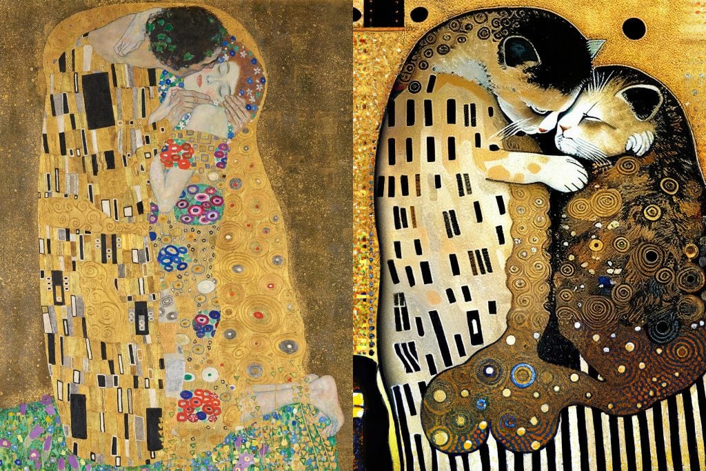 Left: Gustav Klimt, The Kiss (1907–1908). Collection of the Belvedere, Vienna. Right: A.I. picture generated on Midjourney by Vienna Tourist Board. Photos: © Belvedere Museum and Vienna Tourist Board.