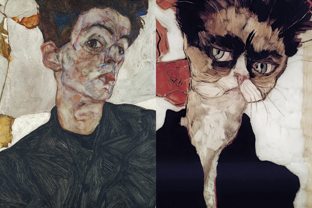 Egon Schiele, detail of Self-Portrait with Chinese Lantern Plant (1912). Collection of the Leopold Museum, Vienna. With A.I. picture generated on Midjourney by Vienna Tourist Board. Photos: © Kunsthistorisches Museum and Vienna Tourist Board.