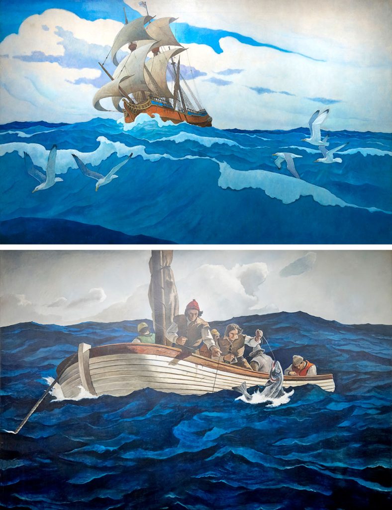 Top: N. C. Wyeth, <em>The Coming of the Mayflower in 1620</em> (1941). Bottom: Andrew Wyeth & N. C. Wyeth, <em>Puritan Cod Fishers</em> (1947). Presented by Bernard Goldberg Fine Arts.