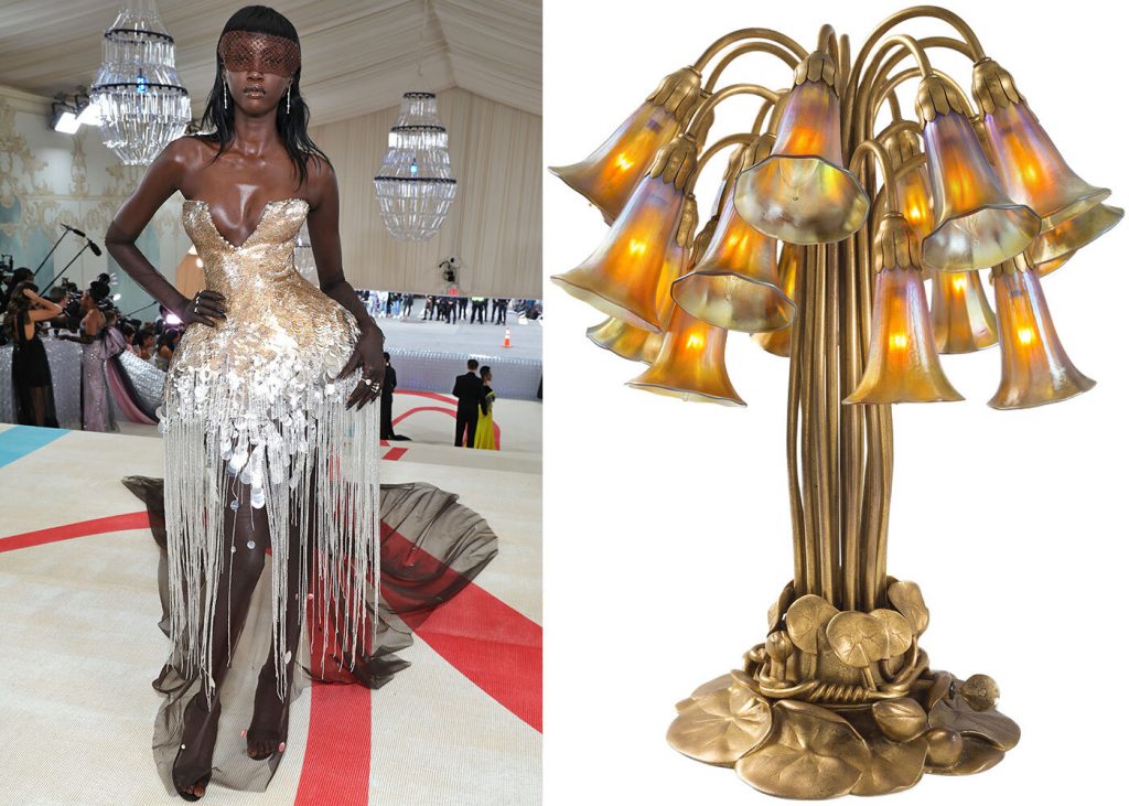 Left: Anok Yai attends the 2023 Met Gala. Photo: Kevin Mazur/MG23/Getty Images for The Met Museum/Vogue. Right: Tiffany Studios 18-light Lily table lamp (ca. 1900). Photo: Courtesy of Macklowe Gallery.