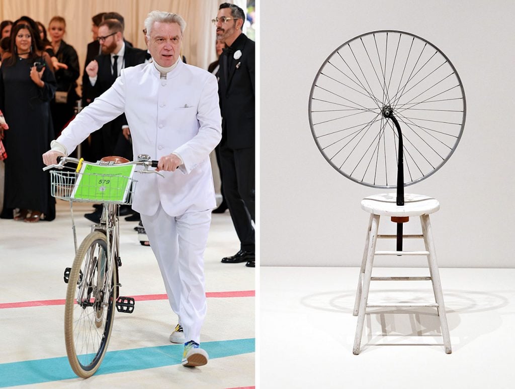 Left: David Burne. Right: Marcel Duchamp, <em>Bicycle Wheel</em> at MoMA in 2020 in New York City. (Photo by Cindy Ord/Getty Images)