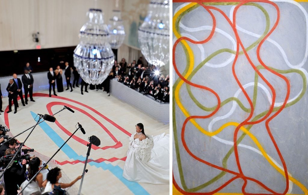 Left: Met Gala carpet. Right: Brice Marden, <em>The Attended</em>, at a Sotheby's auction of contemporary art in New York in 2013. (Photo EMMANUEL DUNAND/AFP via Getty Images)