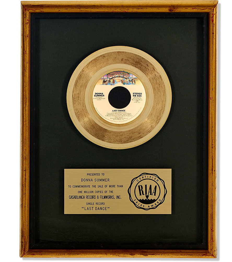Recording Industry Association of America (RIAA) Gold Record award issued to Donna Summer for her hit "Last Dance" of 1978. Courtesy of Christie's.