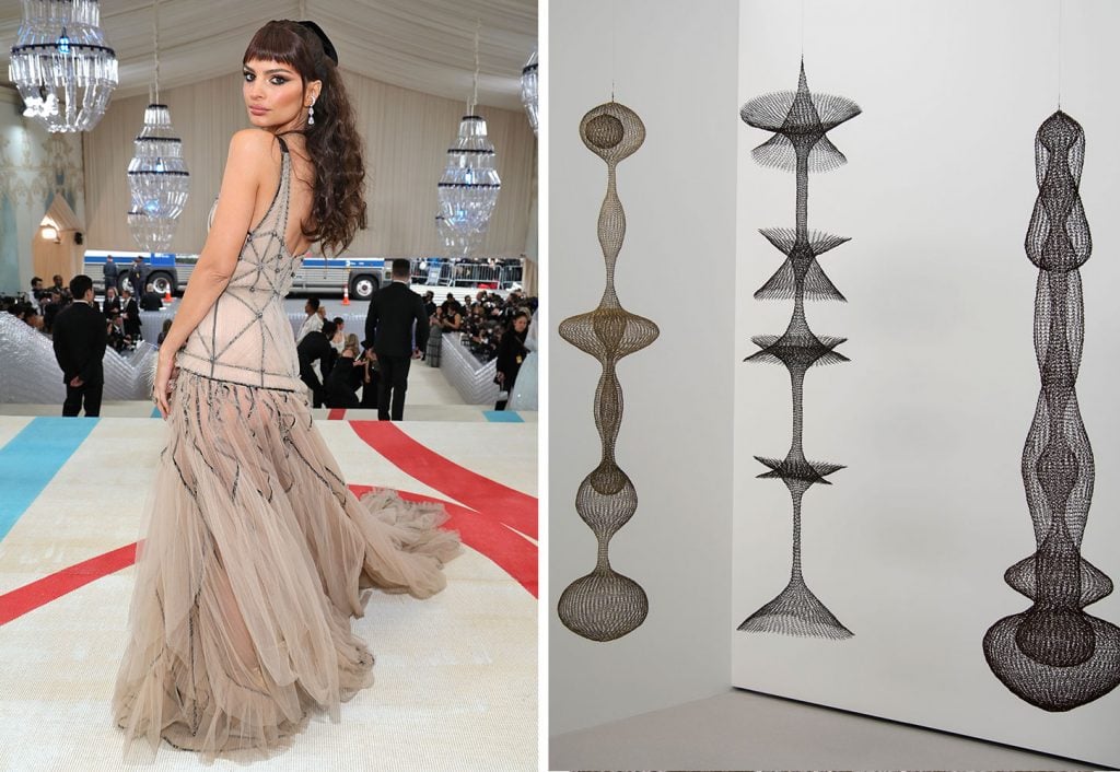 Left: Emily Ratajkowski at the 2023 Met Gala. (Photo by Kevin Mazur/MG23/Getty Images for The Met Museum/Vogue). Right: Ruth Asawa, <em>Untitled [S.531]</em> at the Glenstone Museum in Potomac, Maryland. (Photo by Calla Kessler/The Washington Post via Getty Images)