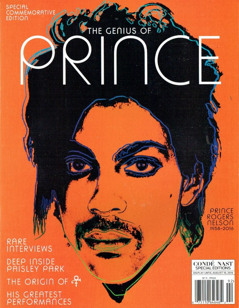 Andy Warhol, Orange Prince (1984), based on a Lynn Goldsmith photo, on the cover of a commemorative magazine from Condé Nast marking the musician's death. The Andy Warhol Foundation for the Visual Arts, Inc./Artists Rights Society (ARS), New York.