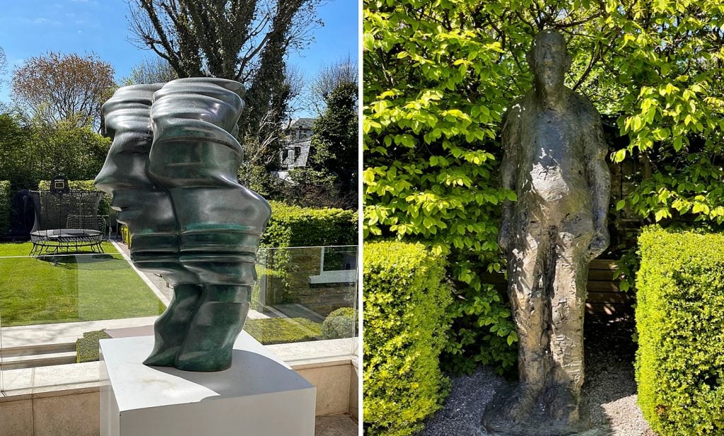 Sukkar has placed (left) <em>Big Head Green</em> (1992) by Tony Cragg and, right, Hans Josephson's <em>Untitled</em> (2008) in her garden. Courtesy of Maria Sukkar.