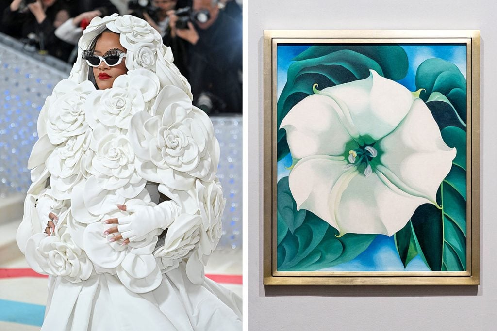 Left: Rihanna in a camellia-shaped dress by Pierpaolo Piccioli for Valentino. Right: Georgia O'Keeffe, <em>Jimson Weed/White Flower No.1</em> at Tate Modern in London, England. (Photo by Rob Stothard/Getty Images)