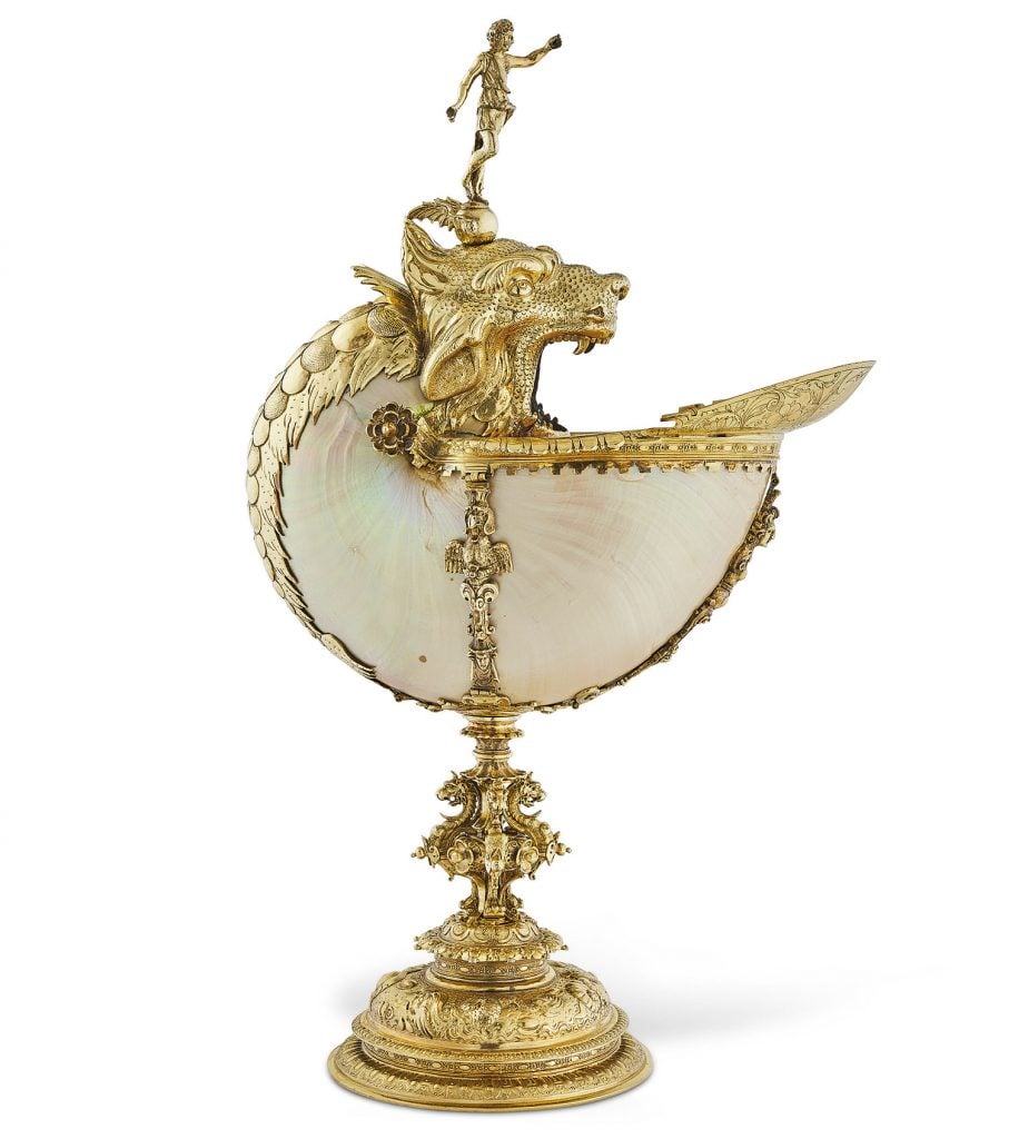 Cornelis Jansz van der Burch, silver-gilt mounted nautilus Cup (1607). Estimate: $125,000. Courtesy of Christie’s.