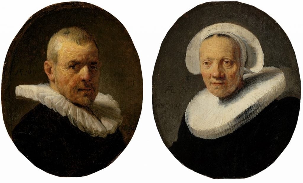 Rembrandt Van Rijn, <i>Portrait of Jan Willemsz. van der Pluym </i> (1635) [L] and <i>Portrait of Jaapgen Carels </i>(1635) [R]. Courtesy of Christie's Images, Ltd.