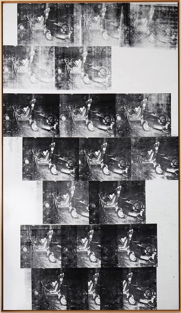 Andy Warhol, <em>White Disaster (White Car Crash 19 Times) </em>(1963). © 2023 The Andy Warhol Foundation for the Visual Arts, Inc. / Licensed by Artists Rights Society (ARS), New York