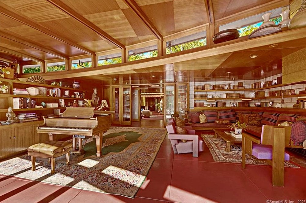 Interior view of Tirranna, featuring Philippine mahogany paneling and Cherokee-red flooring.