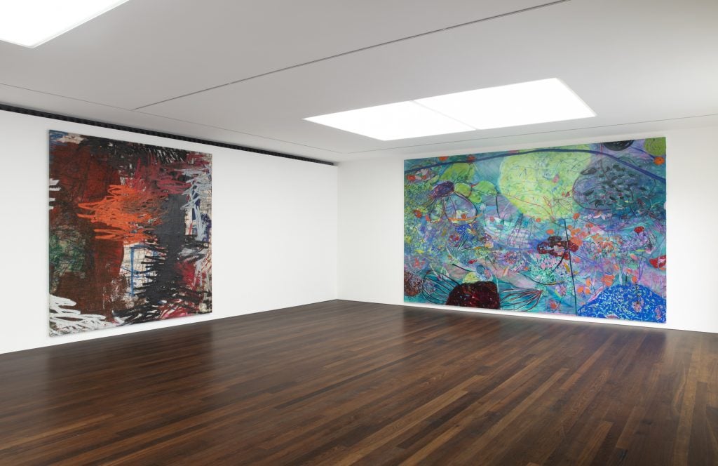 Installation view of "To Bend the Ear of the Outer World: Conversations on contemporary abstract painting" (2023). Photo: Lucy Dawkins. © Oscar Murillo. © Jadé Fadojutimi. Courtesy of Gagosian.